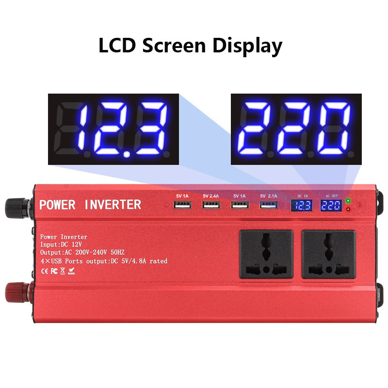2000W Display Invertor 12V la 220V Transformator 3 Prize 4 USB Convertor Auto Inversor Adaptor Auto pentru Masina Casa Exterior