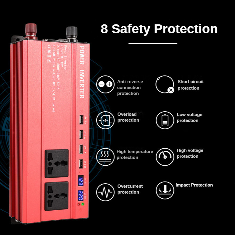 2000W Display Invertor 12V la 220V Transformator 3 Prize 4 USB Convertor Auto Inversor Adaptor Auto pentru Masina Casa Exterior