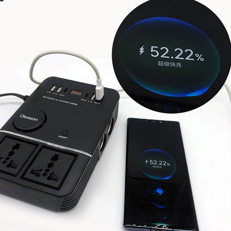 Invertor de curent pentru mașină 12V 24V la 220V, Convertor de undă sinusoidală pură de 200W, 2 prize AC 4 USB QC3.0 PD Invertor de curent de încărcare rapidă