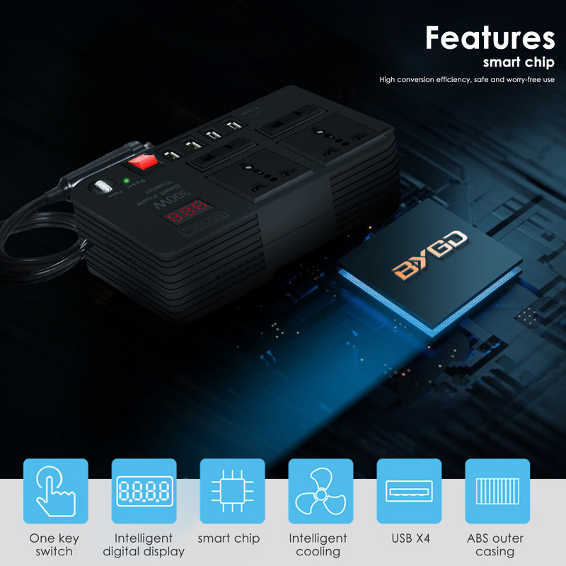 300 W automobilinis keitiklis DC 12V į AC 220V keitiklio lizdai 4 USB greito įkrovimo universalus lizdas maitinimo adapterio keitiklis