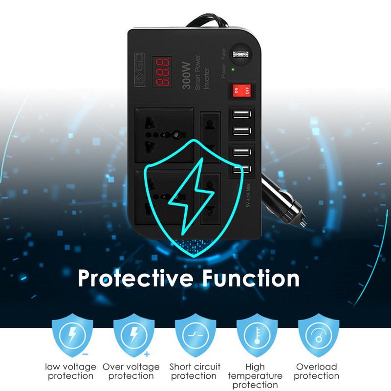 300 W automobilinis keitiklis DC 12V į AC 220V keitiklio lizdai 4 USB greito įkrovimo universalus lizdas maitinimo adapterio keitiklis
