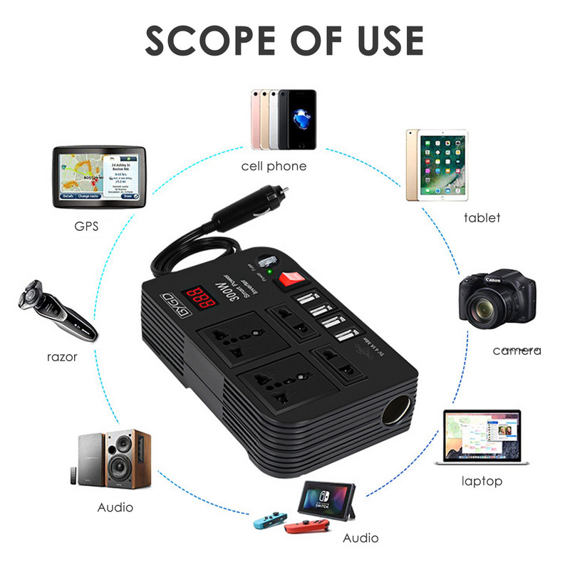 300 W automobilinis keitiklis DC 12V į AC 220V keitiklio lizdai 4 USB greito įkrovimo universalus lizdas maitinimo adapterio keitiklis