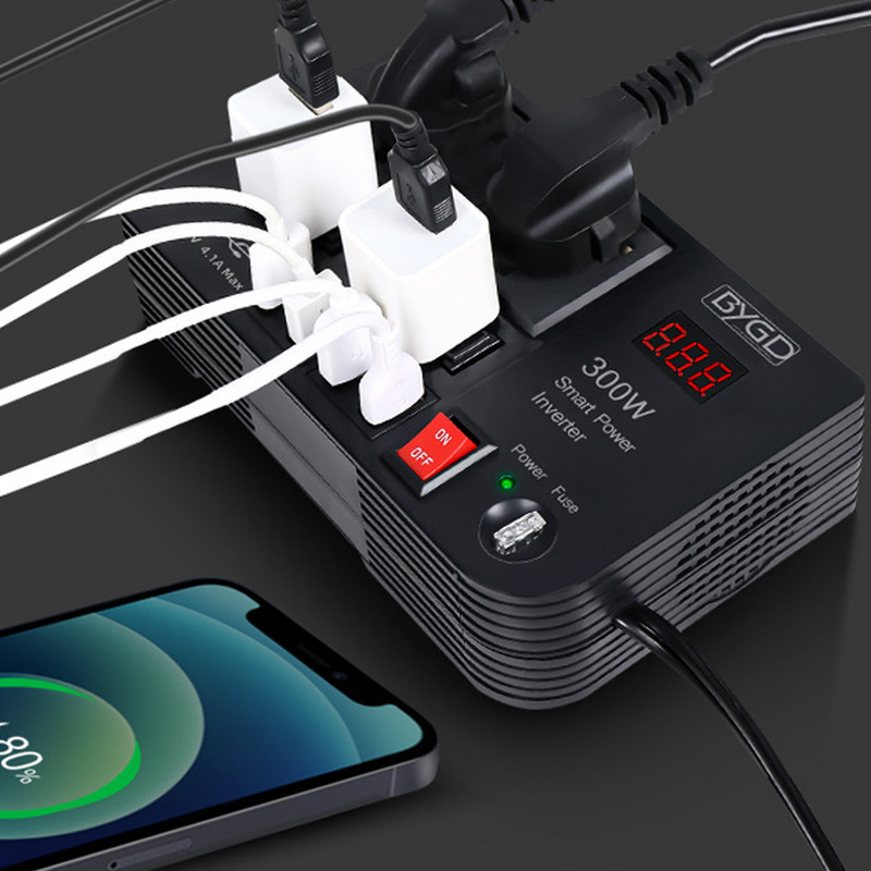 300 W automobilinis keitiklis DC 12V į AC 220V keitiklio lizdai 4 USB greito įkrovimo universalus lizdas maitinimo adapterio keitiklis