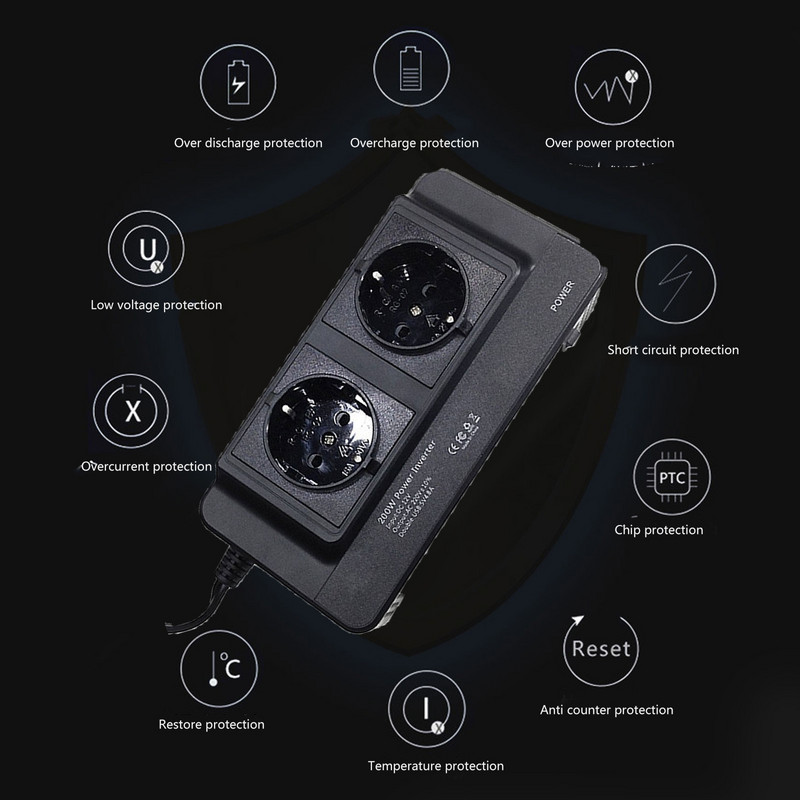 200W Invertor de curent pentru mașină DC 12V la AC 220V 4USB Adaptor Convertor Încărcător auto Priză duală UE