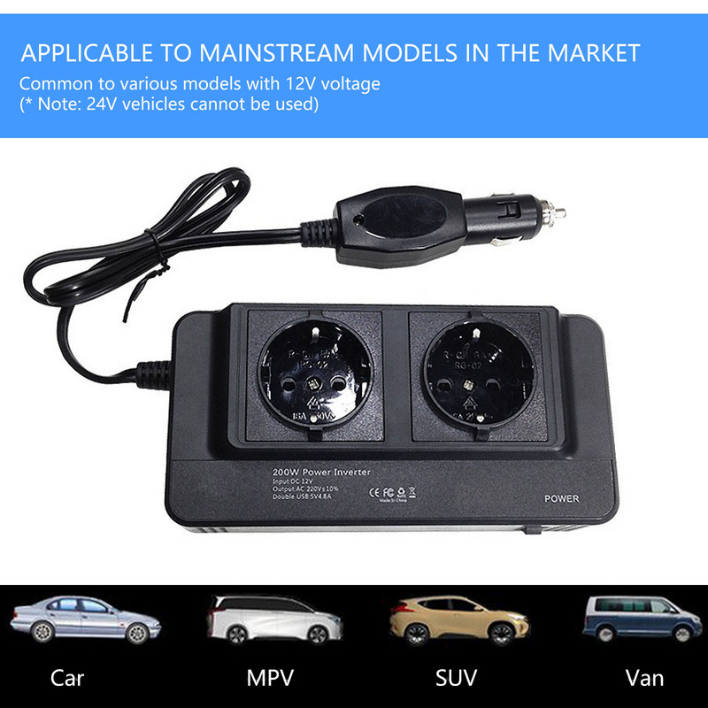 200W Invertor de curent pentru mașină DC 12V la AC 220V 4USB Adaptor Convertor Încărcător auto Priză duală UE