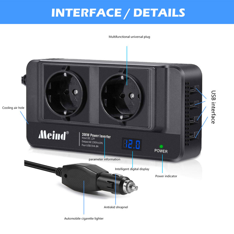 200W Invertor de curent pentru mașină DC 12V la AC 220V 4USB Adaptor Convertor Încărcător auto Priză duală UE