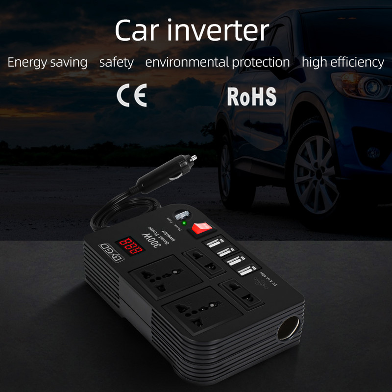 BYGD 12V kuni 220V autoinverter 300W DC-AC toitemuundur koos sigaretisüütaja pistikupesaga 4 USB-porti auto toiteadapter 220V