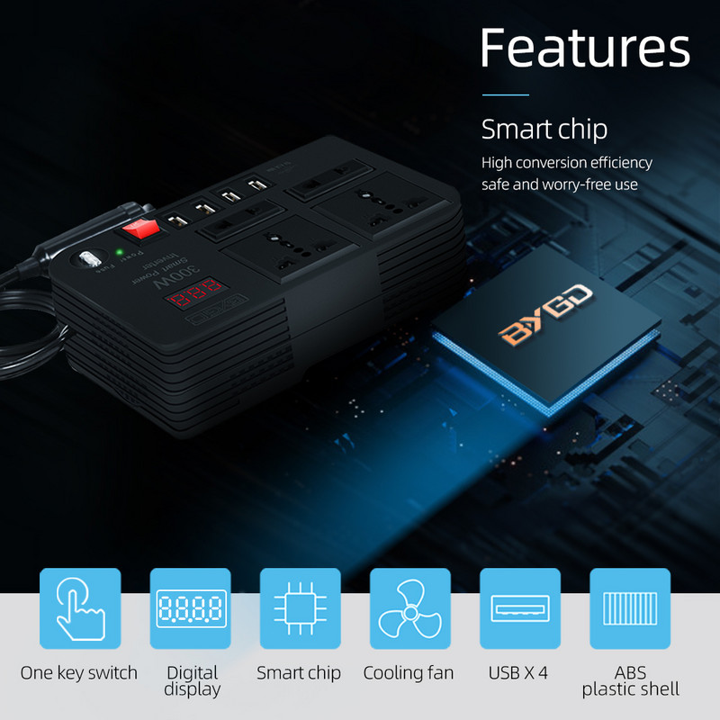 BYGD 12V kuni 220V autoinverter 300W DC-AC toitemuundur koos sigaretisüütaja pistikupesaga 4 USB-porti auto toiteadapter 220V