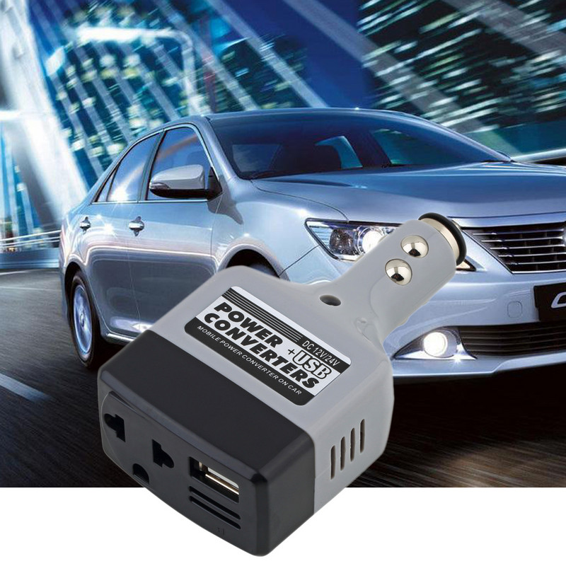 Universalus 2 IN 1 DC 12V 24V AC 220V Automobilinis automobilio maitinimo keitiklis Inverterinis adapteris įkroviklis su USB įkroviklio lizdu, žiebtuvėliu