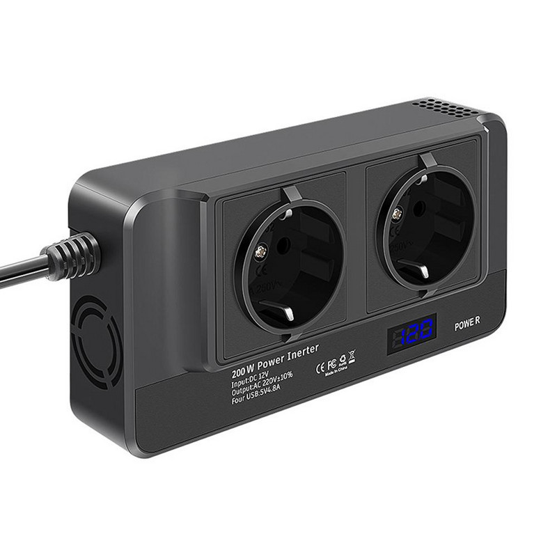 Automobilinis keitiklis 200w 12v į 220v įtampos keitiklis su išmaniuoju realiu laiku LED skaitmeniniu ekranu EU kištukiniu lizdu