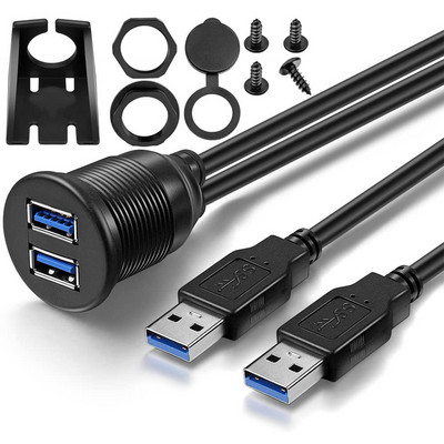 2 Θύρες Διπλή USB 3.0 Αρσενικό σε USB 3.0 Θηλυκό AUX Flush Mount Βάση αυτοκινήτου Προέκταση καλώδιο για φορτηγό αυτοκίνητο μοτοσικλέτας σκάφους