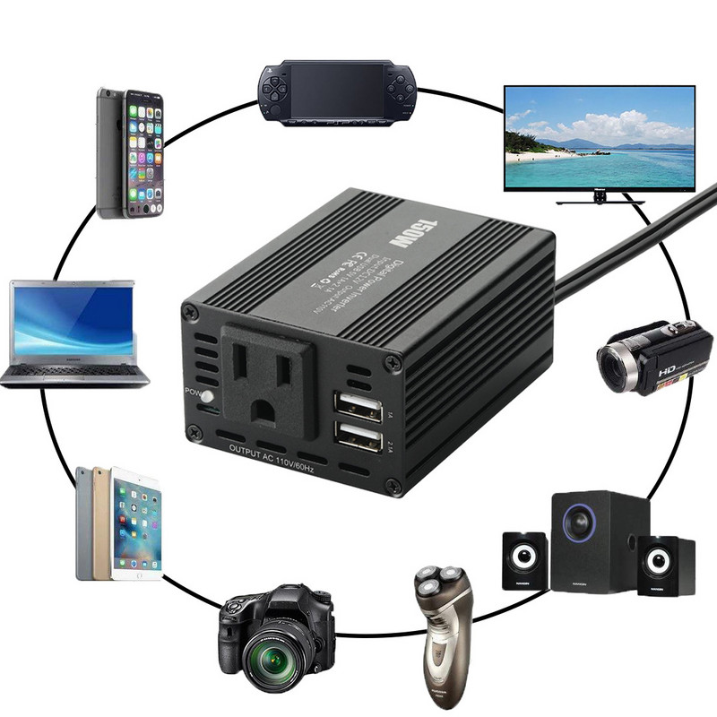 Invertor de putere pentru mașină 150W Convertor de 12V DC la 110V 220V AC Undă sinusoidală modificată cu încărcător de mașină USB dublu de 3,1A Protecție la suprasarcină