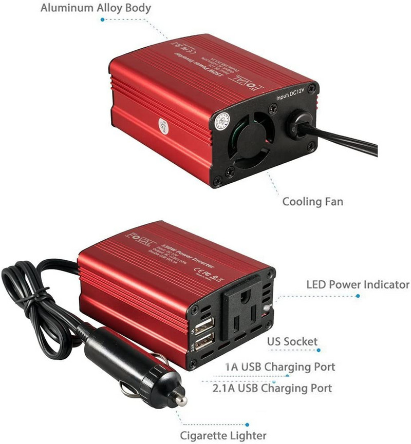 Invertor de putere pentru mașină 150W Convertor de 12V DC la 110V 220V AC Undă sinusoidală modificată cu încărcător de mașină USB dublu de 3,1A Protecție la suprasarcină