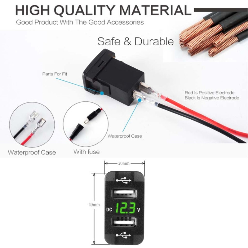 40x20mm 12V dvigubas USB automobilinis įkroviklis LED voltmetro maitinimo adapteris, skirtas Suzuki Toyota