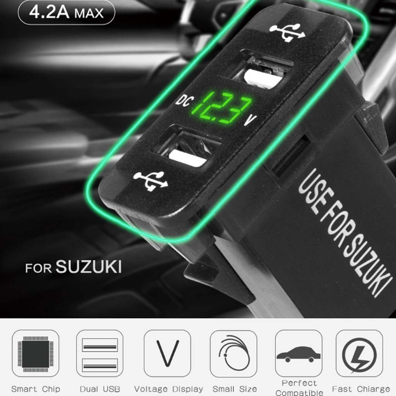40x20mm 12V dvigubas USB automobilinis įkroviklis LED voltmetro maitinimo adapteris, skirtas Suzuki Toyota