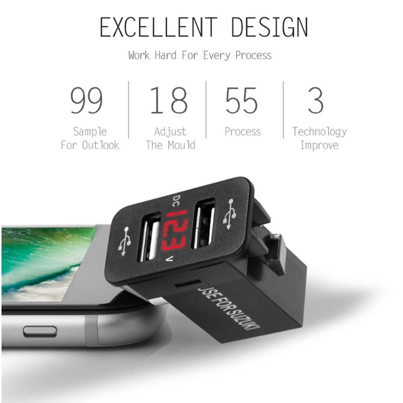 40x20mm 12V dvigubas USB automobilinis įkroviklis LED voltmetro maitinimo adapteris, skirtas Suzuki Toyota