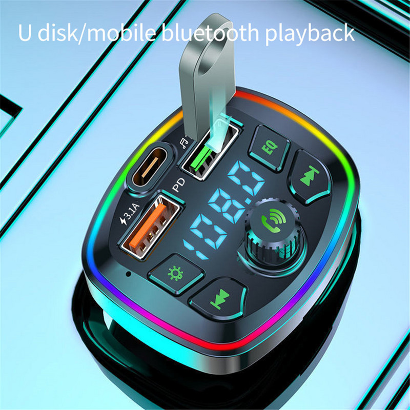 Automobilski Bluetooth 5.0 punjač FM odašiljač PD 18W Type-C Dual USB 3.1A Šareno ambijentalno svjetlo Upaljač MP3 svirač glazbe