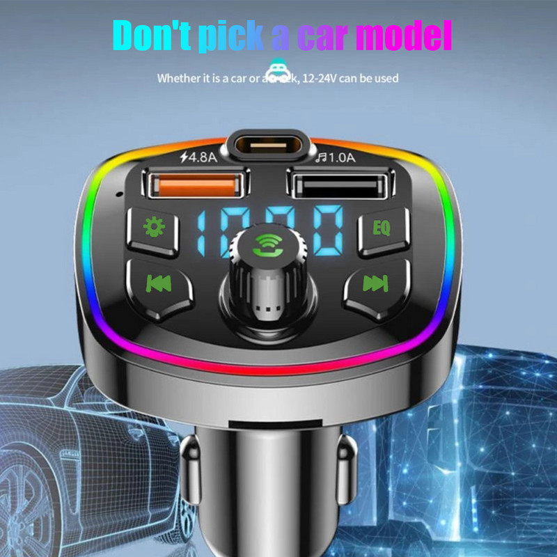 Transmițător FM Bluetooth 5.0 pentru mașină PD 18W Type-C Dual USB 4.2A Încărcător rapid LED Iluminat din spate Lumină atmosferică Player MP3 Muzică fără pierderi