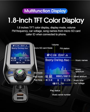 JINSERTA 2022 Автомобилен MP3 музикален плейър Bluetooth 5.0 приемник FM предавател Dual USB QC3.0 зарядно устройство U диск / TF карта без загуба на музика