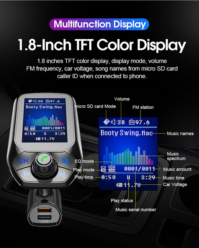 JINSERTA 2022 Auto MP3 prehrávač hudby Bluetooth 5.0 prijímač FM vysielač Dual USB QC3.0 nabíjačka U disk / TF karta bezstratová hudba
