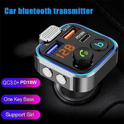 Automašīnas Bluetooth saderīgs 5.0 FM raidītājs viena taustiņa bass Mp3 atskaņotājs liels mikrofons USB mūzikas atskaņošana QC3.0 PD20W ātrais lādētājs