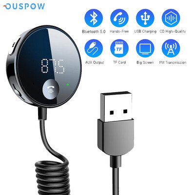 Ouspow Bluetooth 5.0 automašīnas audio raidītājs bezvadu Bluetooth FM raidītājs AUX audio uztvērējs MP3 atskaņotājs automašīnas komplekts brīvroku ierīce