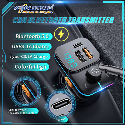 Kit auto Worldtech Transmițător FM Audio Mp3 Player Bluetooth 5.0 Încărcare rapidă Încărcător Modulator FM Lumini colorate