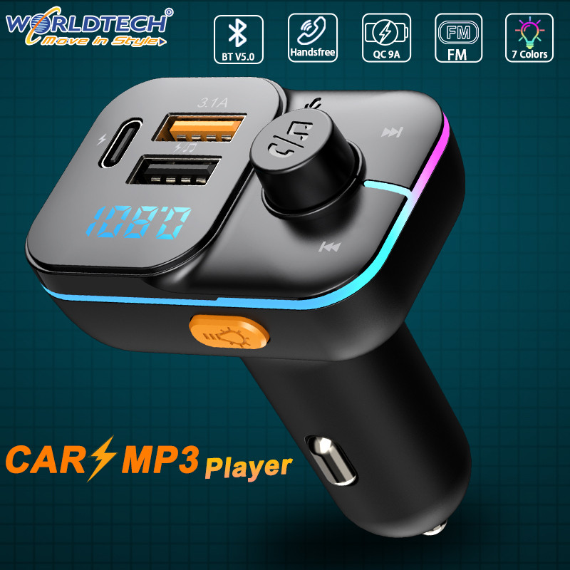 Kit auto Worldtech Transmițător FM Audio Mp3 Player Bluetooth 5.0 Încărcare rapidă Încărcător Modulator FM Lumini colorate