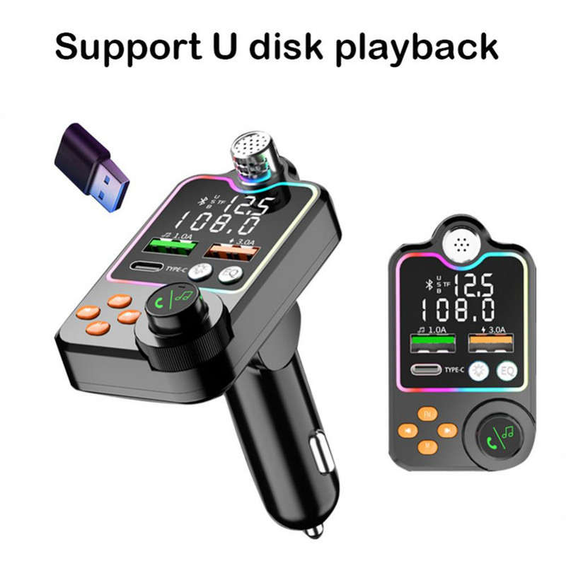 Auto Bluetooth 5.0 FM saatja kiirlaetav suur mikrofon, ühe klahviga bass MP3-mängija kahe ekraaniga helipleier