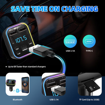 Πομπός αυτοκινήτου Bluetooth FM PD Type-C Διπλή USB 3.1A Fast Charger Έξοδος αναπτήρα 7 χρωμάτων Light Handsfree MP3 player
