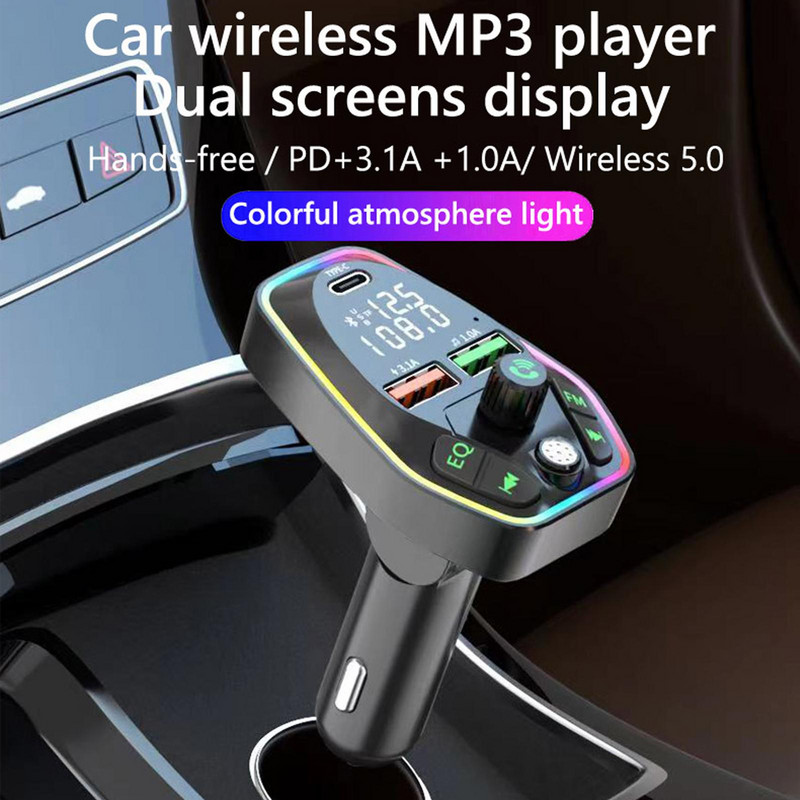 Automobilski Handsfree FM odašiljač s dva zaslona Tip C PD 20W 3.1A Brzo punjenje Dual USB punjač Bluetooth 5.0 Handsfree Auto oprema