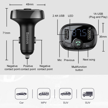 Baseus FM трансмитер Bluetooth-съвместим хендсфри комплект за кола за мобилен телефон MP3 плейър с 3.4A двойно USB зарядно за телефон за кола
