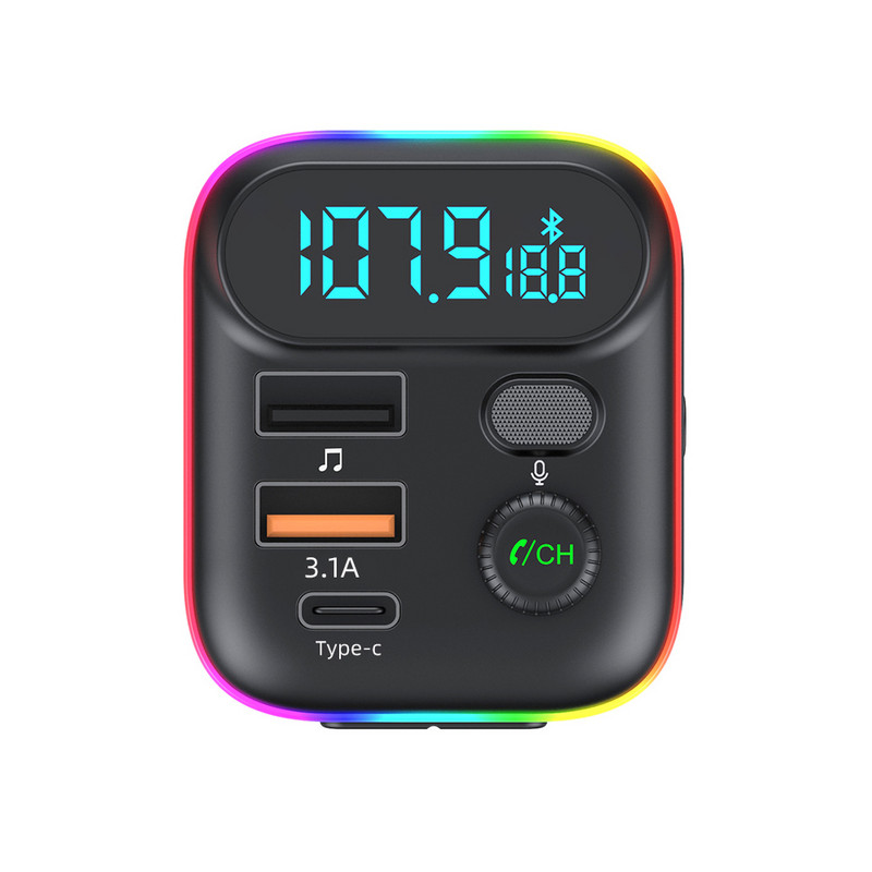 Transmițător FM Bluetooth 5.0 pentru mașină Dual USB QC3.0 PD Tip C Încărcător auto Lumină ambientală Mâini libere Mp3 Music Player Suport card TF