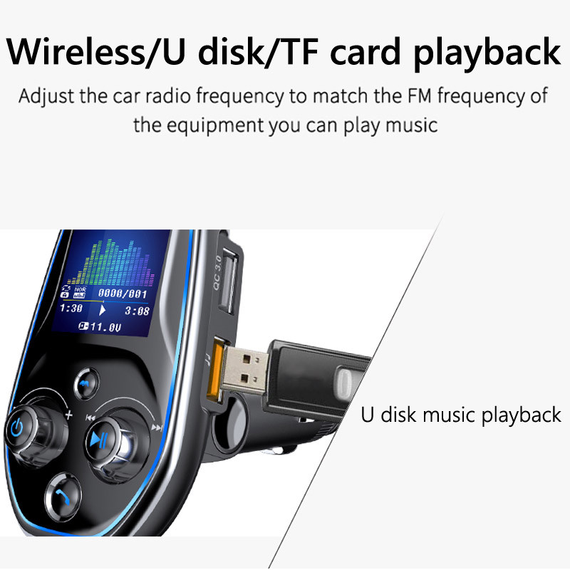 JaJaBor Transmițător FM pentru mașină Player MP3 Receptor audio AUX QC3.0 Tip C Încărcare rapidă Încărcător USB Mâini libere Bluetooth 5.0 Kit auto