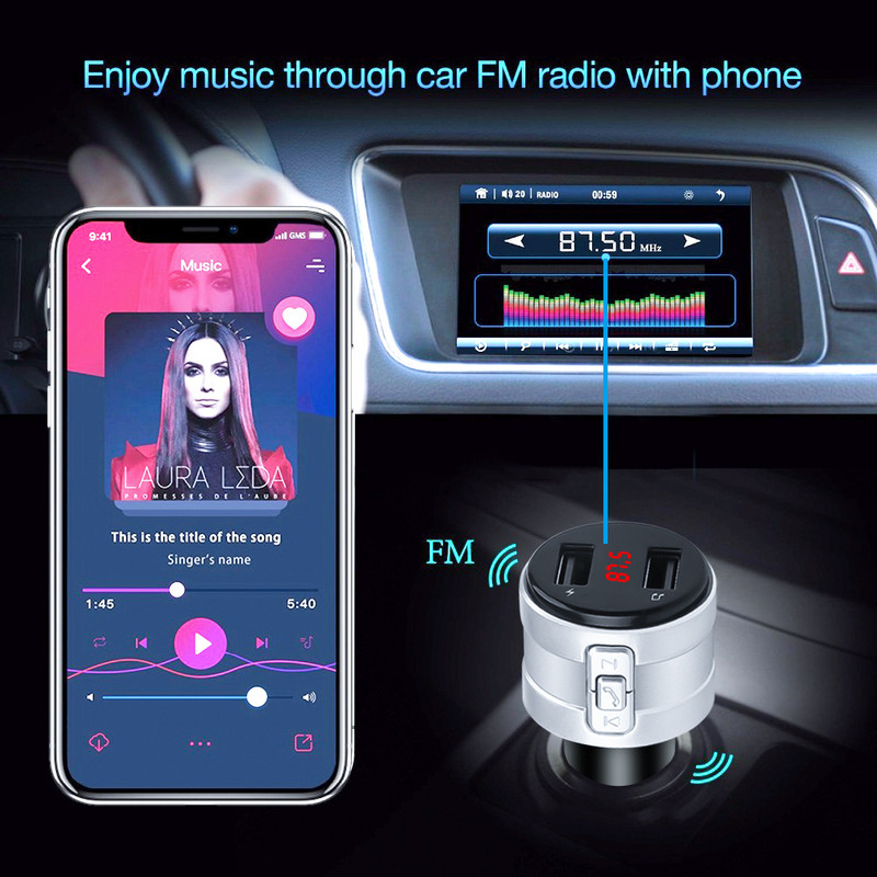 Juhtmevaba Bluetooth FM-saatja, topelt-USB AUX-modulaator 3.1A autolaadija MP3-mängija helivastuvõtja käed-vabad autokomplekt