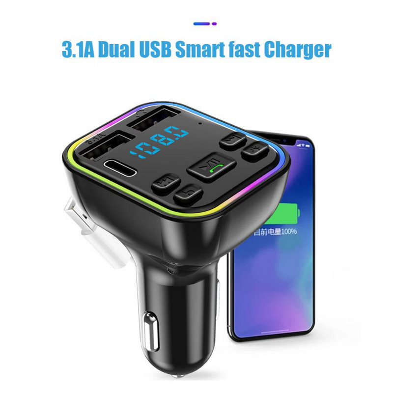 Auto Bluetooth 5.0 FM saatja juhtmeta vabakäeseade MP3-modulaator-mängija helivastuvõtja PD Type-C Dual USB 3.1A kiirlaadija