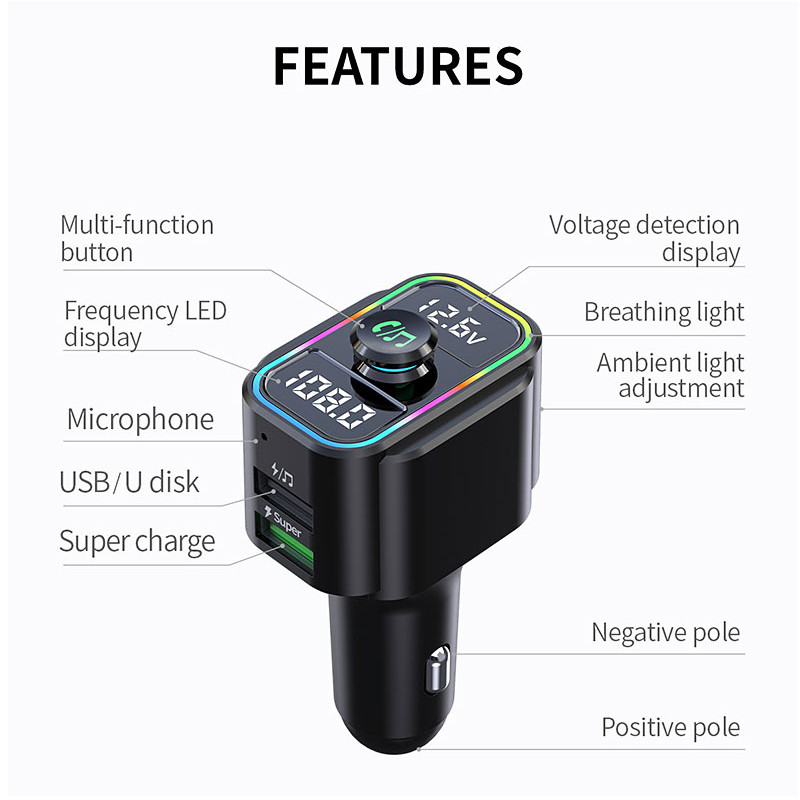 Transmițător FM cu încărcare super rapidă de 22,5 W Bluetooth Audio auto Mp3 Player Mâini libere Încărcător auto USB dublu Adaptor Bluetooth
