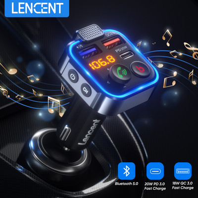 LENCENT FM трансмитер Безжичен Bluetooth 5.0 Комплект за свободни ръце Аудио MP3 плейър с Type-C PD 20W+ QC3.0 Бърз USB FM модулатор