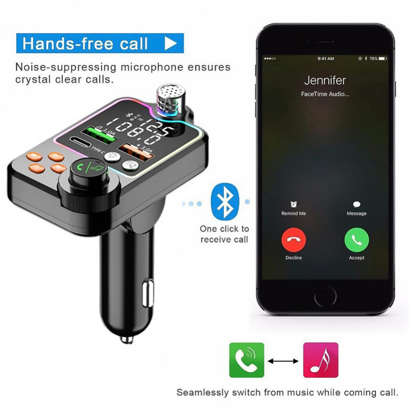 Πομπός FM Car Bluetooth 5.0 One Key Bass Car MP3 Player Ασύρματο Handsfree Δέκτης ήχου 2USB Fast Charger Αξεσουάρ αυτοκινήτου