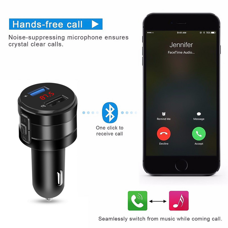 Transmițător FM Bluetooth 4.2 2.1A Modulator porturi USB duale Încărcător auto Încărcător MP3 Player Handsfree Adaptor brichetă
