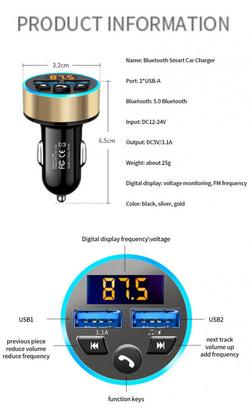 Transmițător FM Bluetooth 5.0 Adaptor Draadloze Mic Audio pentru receptor automat Auto MP3 Player Încărcător rapid USB dublu Accesorii auto