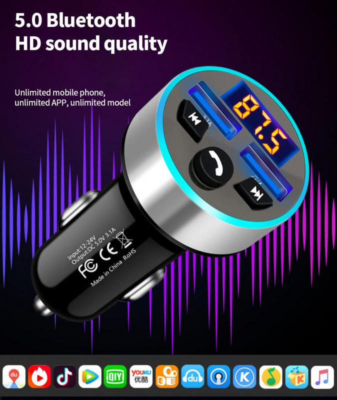 Transmițător FM Bluetooth 5.0 Adaptor Draadloze Mic Audio pentru receptor automat Auto MP3 Player Încărcător rapid USB dublu Accesorii auto