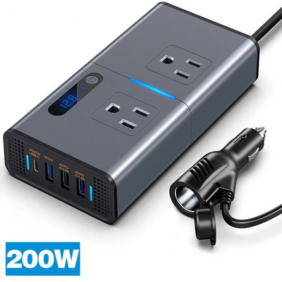 NOU 200W Invertor auto 12V DC la 110V AC Convertor de putere Afișaj LED 4 porturi USB Pure Sine Wave Încărcare rapidă Invertor pentru mașină