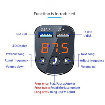 Автомобилен MP3 плейър Bluetooth 5.0 приемник Музикален U диск Консумативи 5V Dual USB QC3.0 Волтметър Тип парапет Адаптиране към различни интерфейси