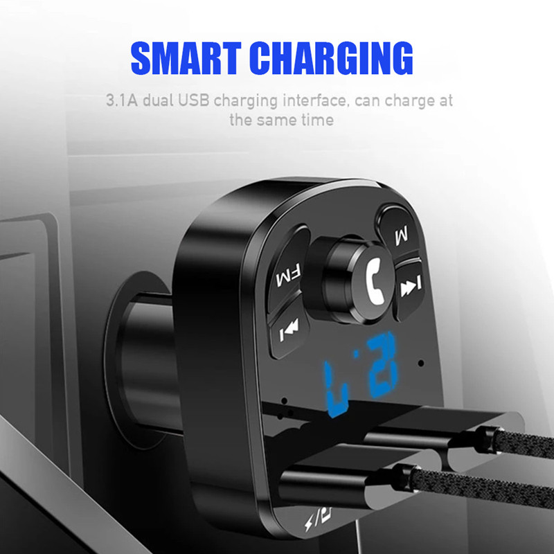 Mâini libere pentru mașină Transmițător FM Bluetooth 5.0 Kit auto Modulator MP3 Player Receptor audio fără Mâini libere Încărcător rapid USB dublu