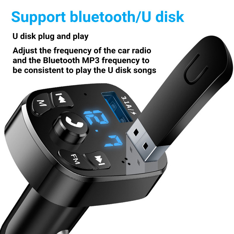 Mâini libere pentru mașină Transmițător FM Bluetooth 5.0 Kit auto Modulator MP3 Player Receptor audio fără Mâini libere Încărcător rapid USB dublu