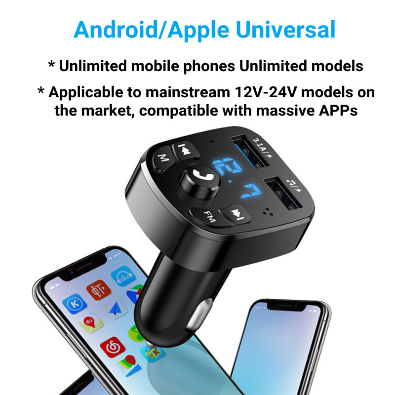 Mâini libere pentru mașină Transmițător FM Bluetooth 5.0 Kit auto Modulator MP3 Player Receptor audio fără Mâini libere Încărcător rapid USB dublu