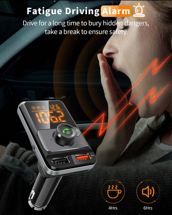 Πομπός Bluetooth 5.0 FM 1,4 ιντσών Προσαρμογέας ραδιοφώνου οθόνης Handsfree Car Kit 18W QC3.0 USB Fast Charger με συναγερμό κόπωσης