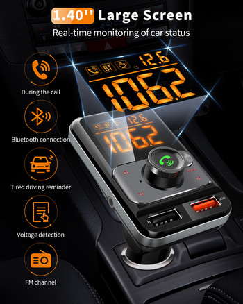 Bluetooth 5.0 FM трансмитер 1.4 инчов дисплей Радио адаптер Хендсфри комплект за кола 18W QC3.0 USB бързо зарядно устройство с аларма за умора