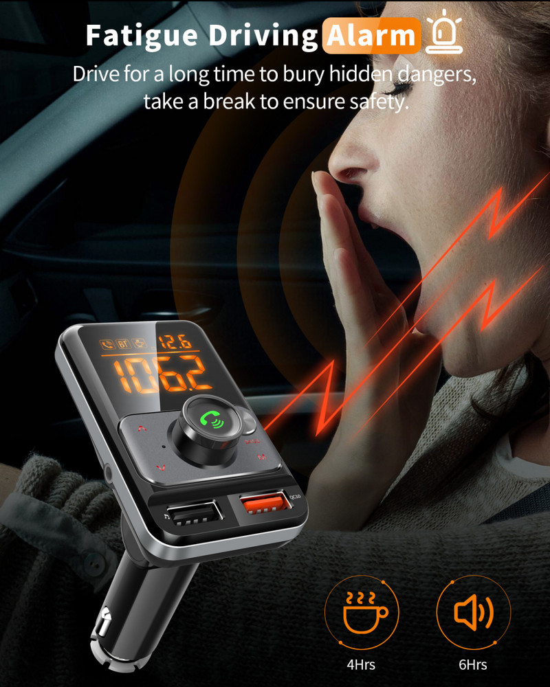 Transmițător FM Bluetooth 5.0 Adaptor radio pentru afișaj de 1,4 inchi Kit auto mâini libere 18W QC3.0 Încărcător rapid USB cu alarmă de oboseală